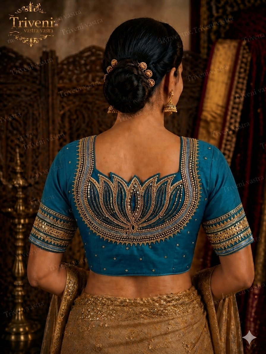 Designer Saree blouse-Lotus design- Blue