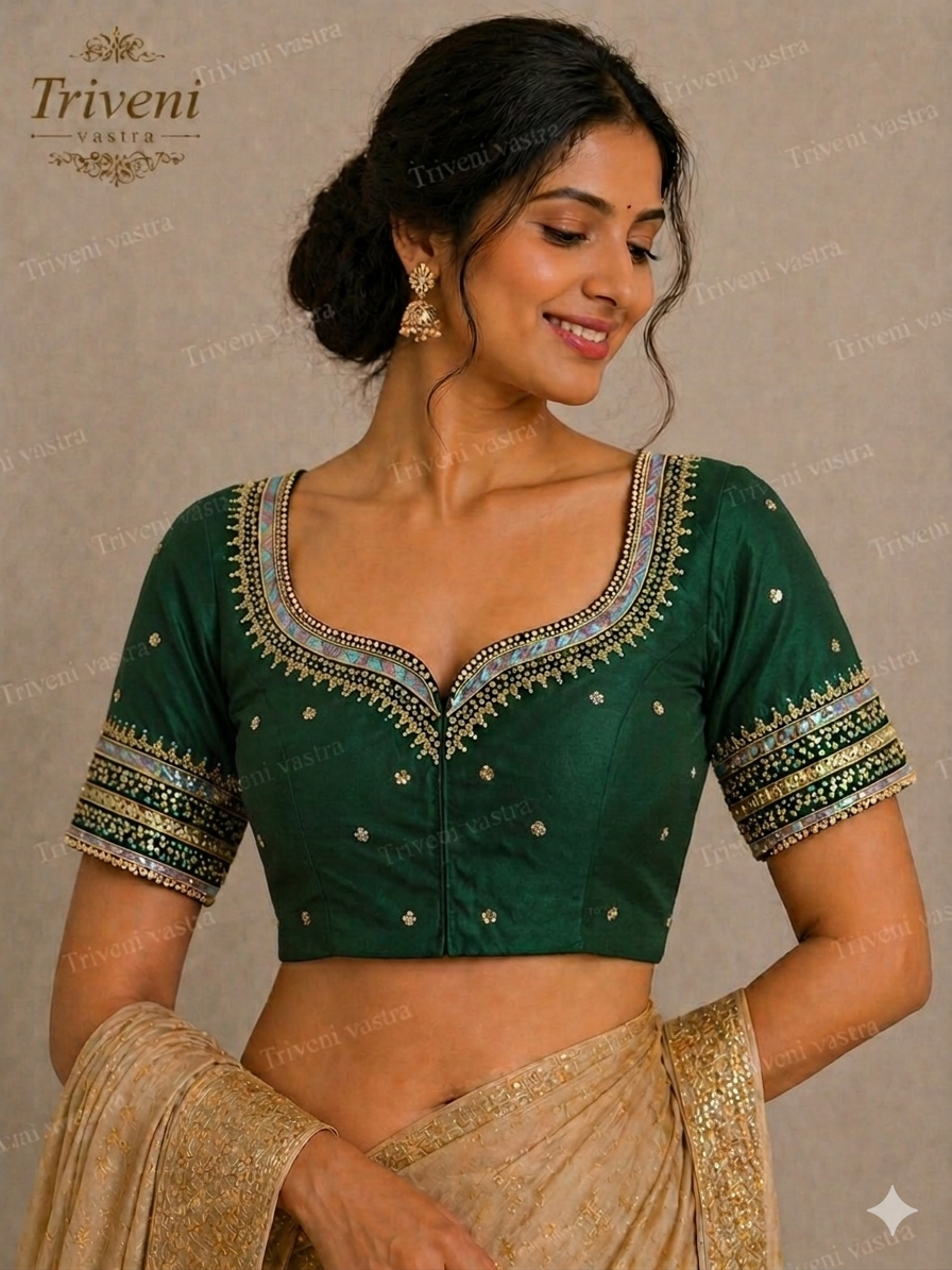 Designer Saree blouse- Lotus design- Green