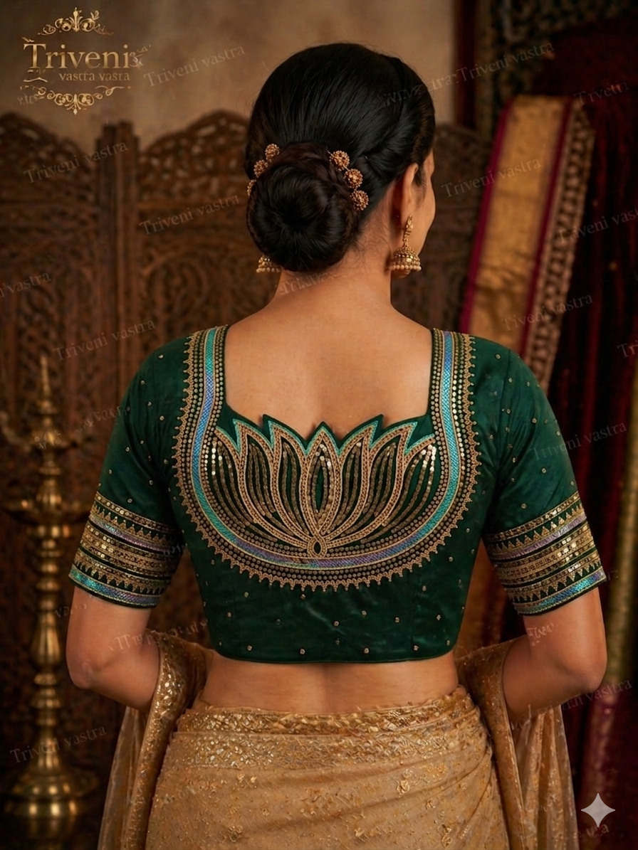 Designer Saree blouse- Lotus design- Green