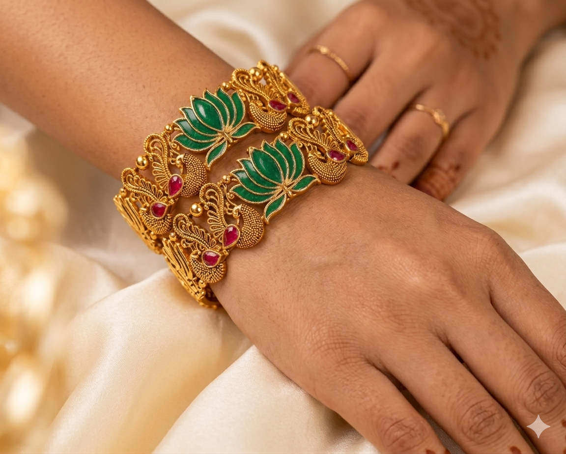 Bangle - Golden with  Green and Red Lotus