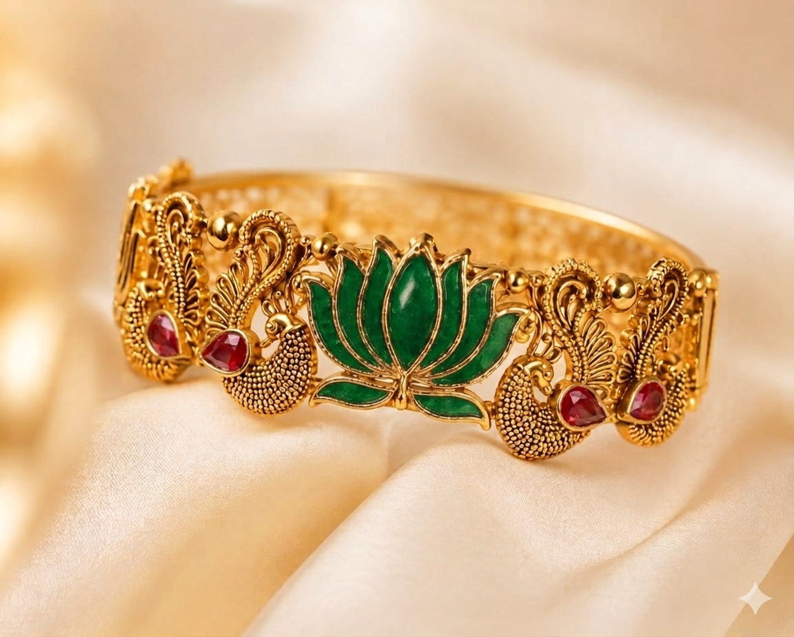 Bangle - Golden with  Green and Red Lotus
