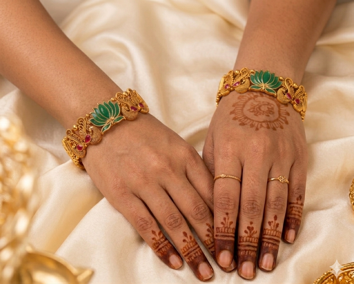 Bangle - Golden with  Green and Red Lotus