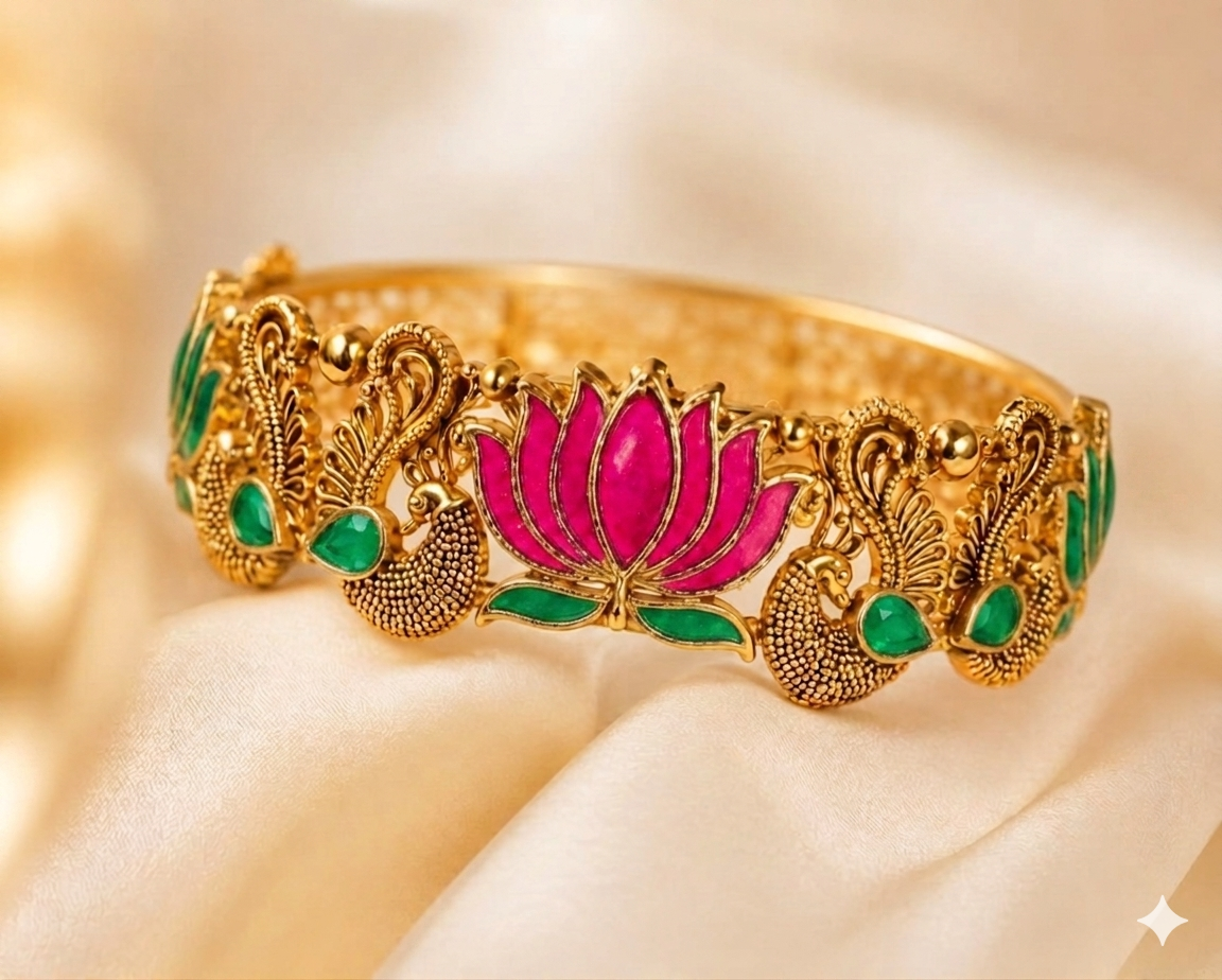 Bangle- Golden with  Pink and green Lotus
