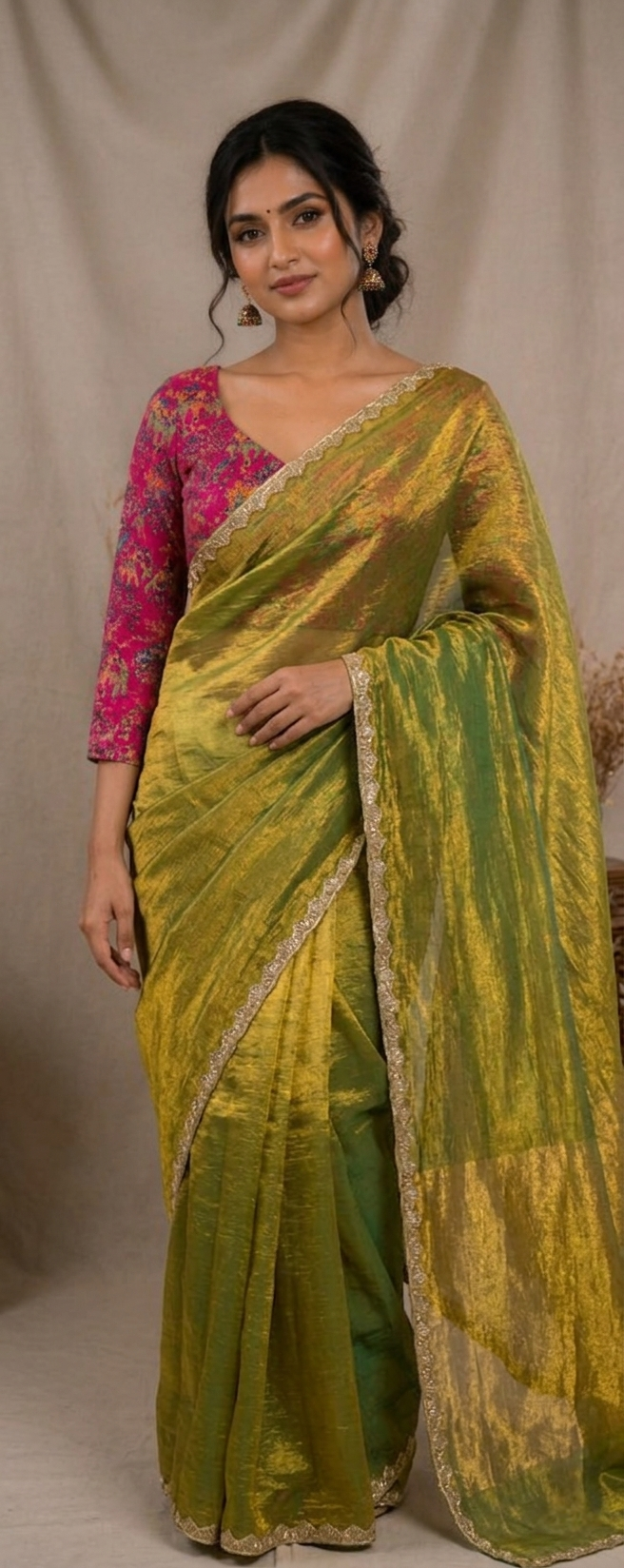 Premium Dual-Tone Metallic Tissue Saree