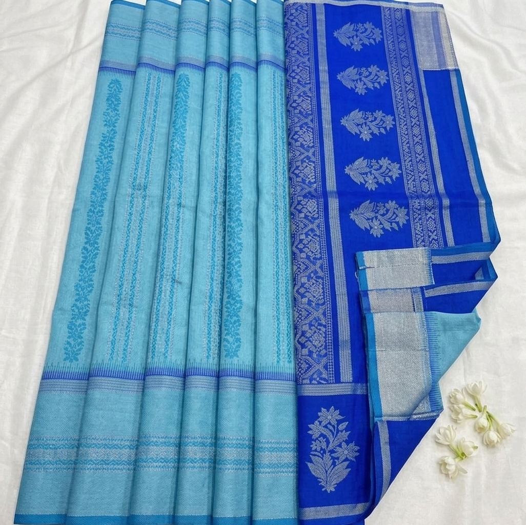 Sky blue,/Royal blue silk saree