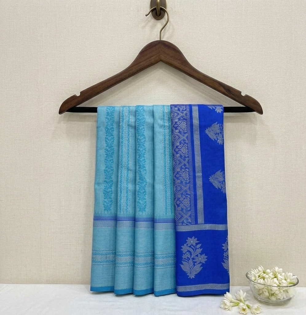 Sky blue,/Royal blue silk saree