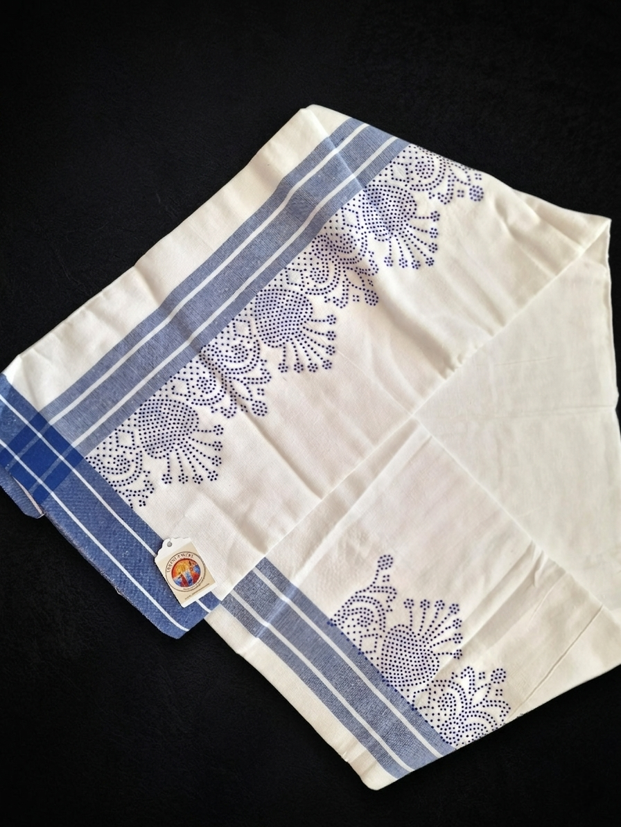 White Cotton Mundu (Dhoti) with blue stones