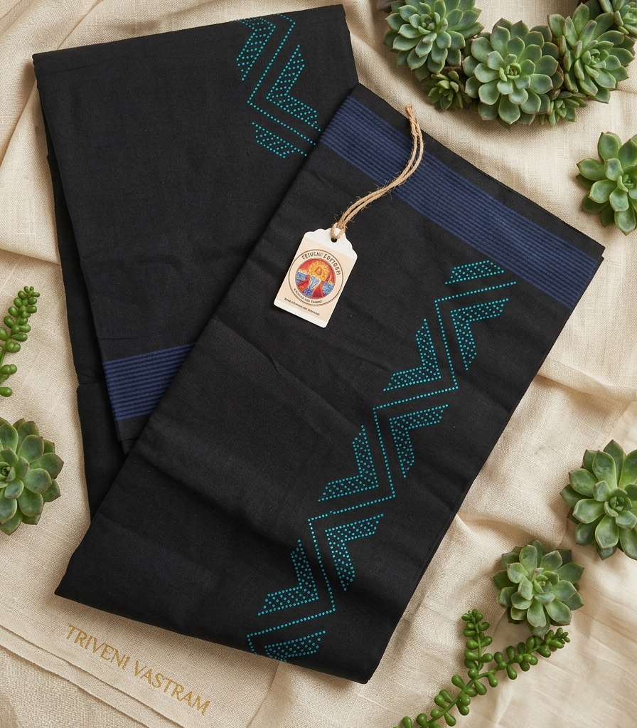 Black cotton mundu (dhoti) with blue stones