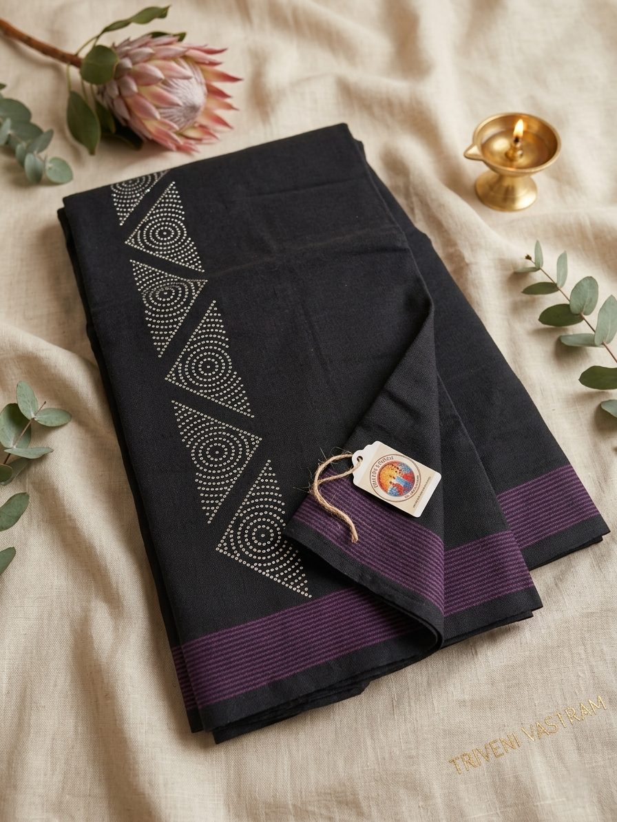 Black cotton mundu (dhoti) with siver stones