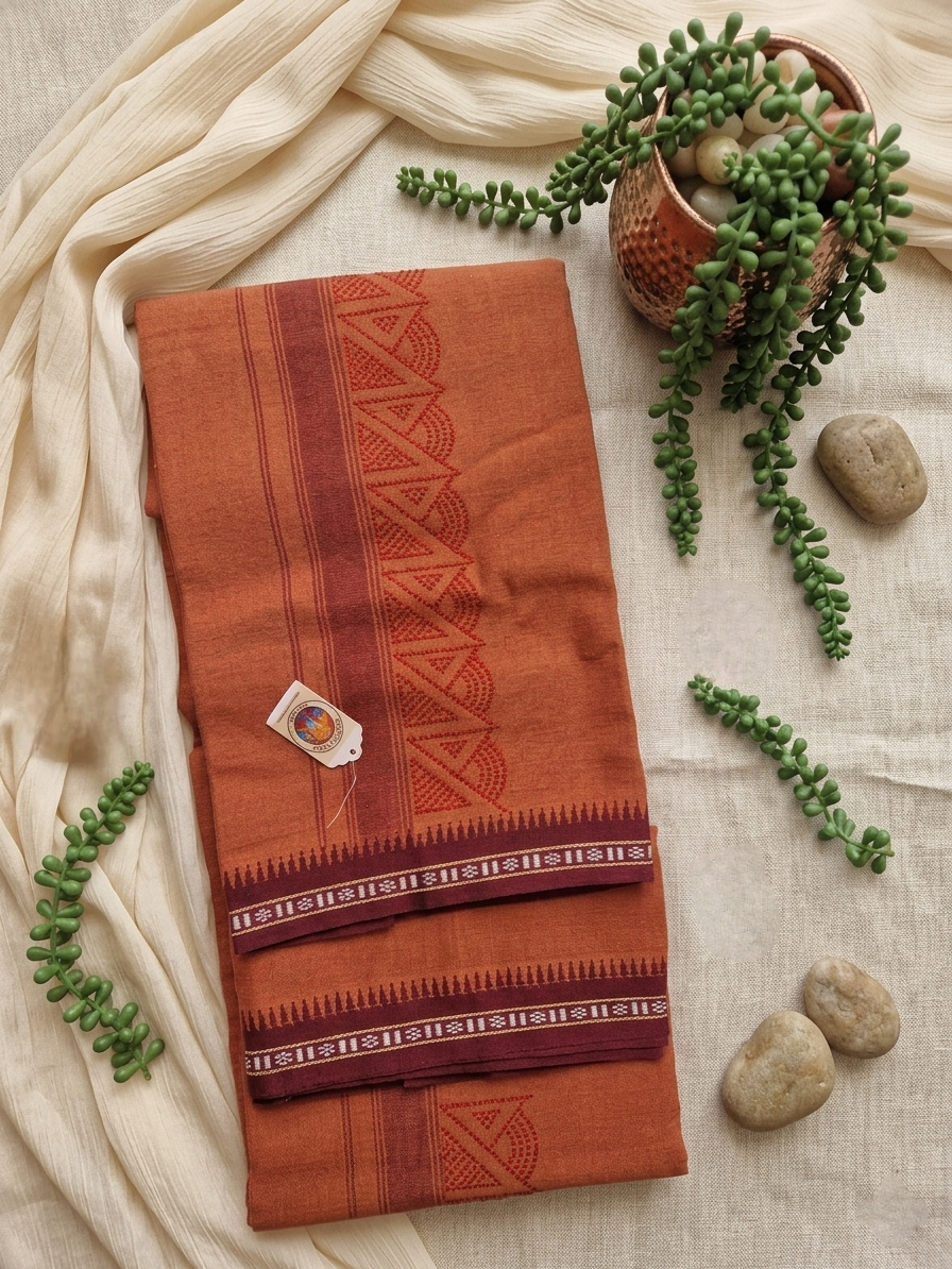 Cotton Kaavi mundu (dhoti) with Red stones