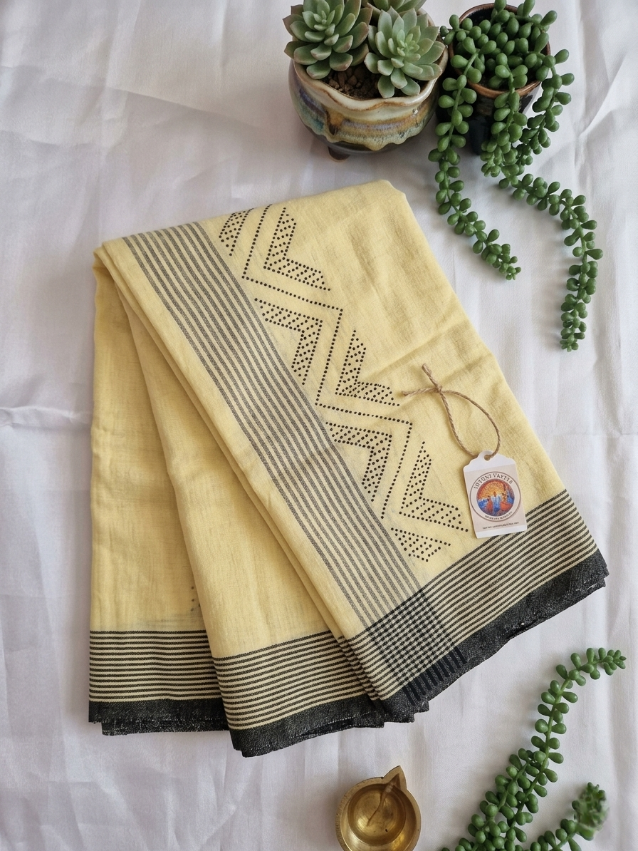 Yellow cotton mundu (dhoti) with black stones