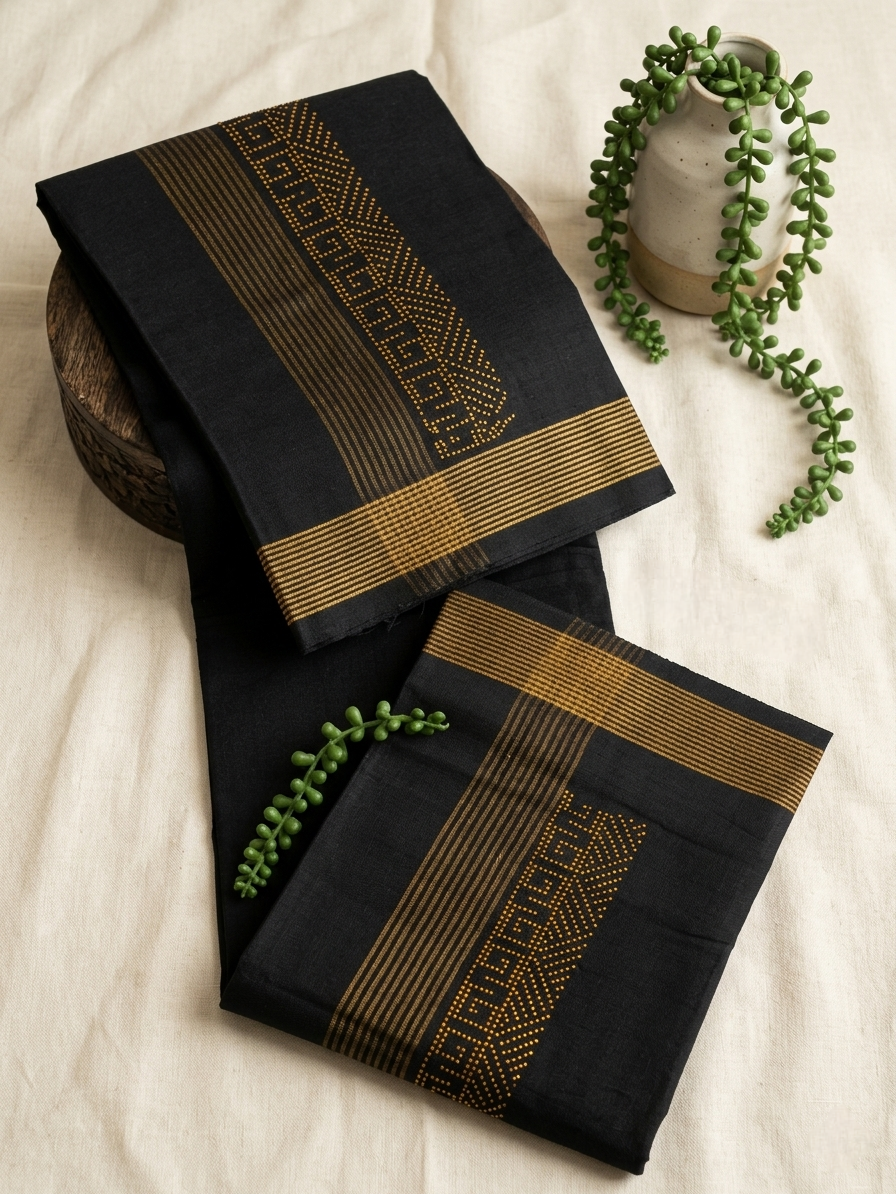 Black cotton mundu (dhoti) with golden stones