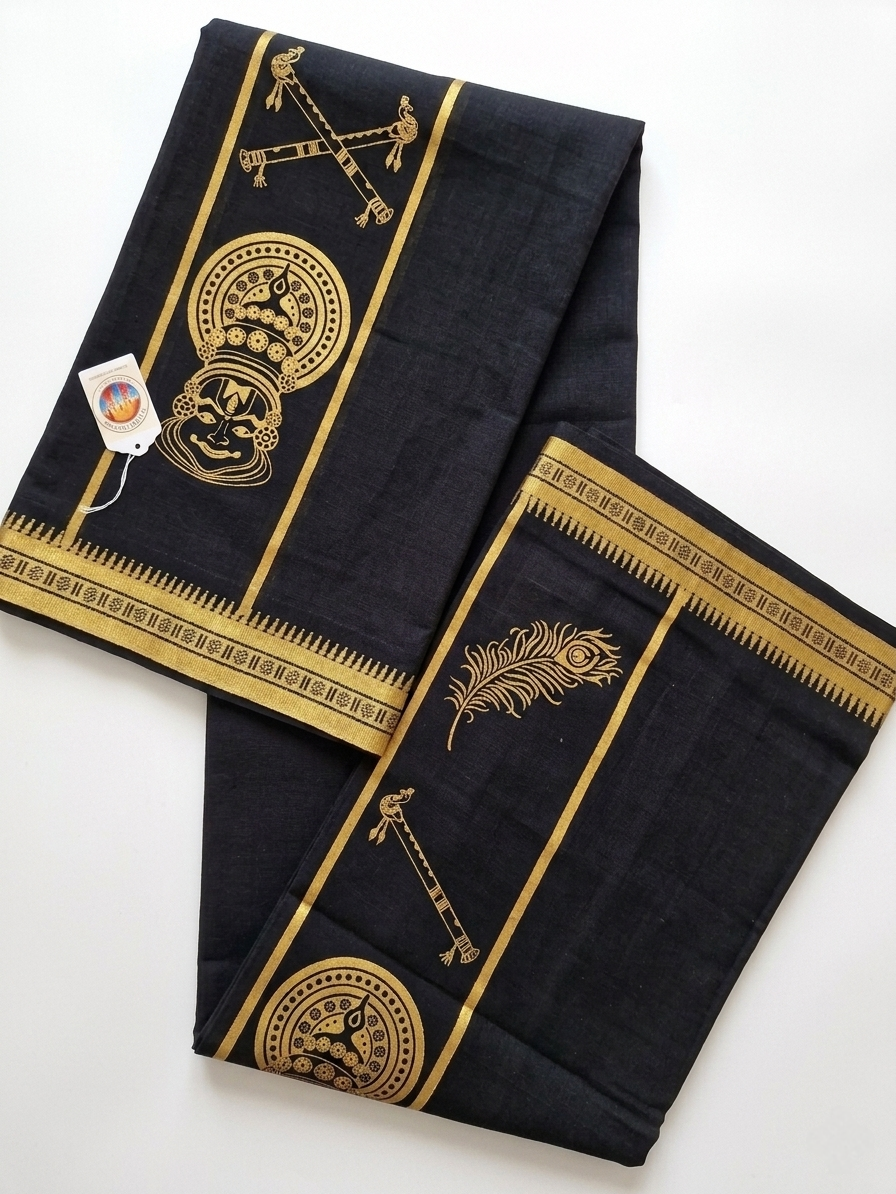 Black cotton mundu (dhoti) with Golden paintings
