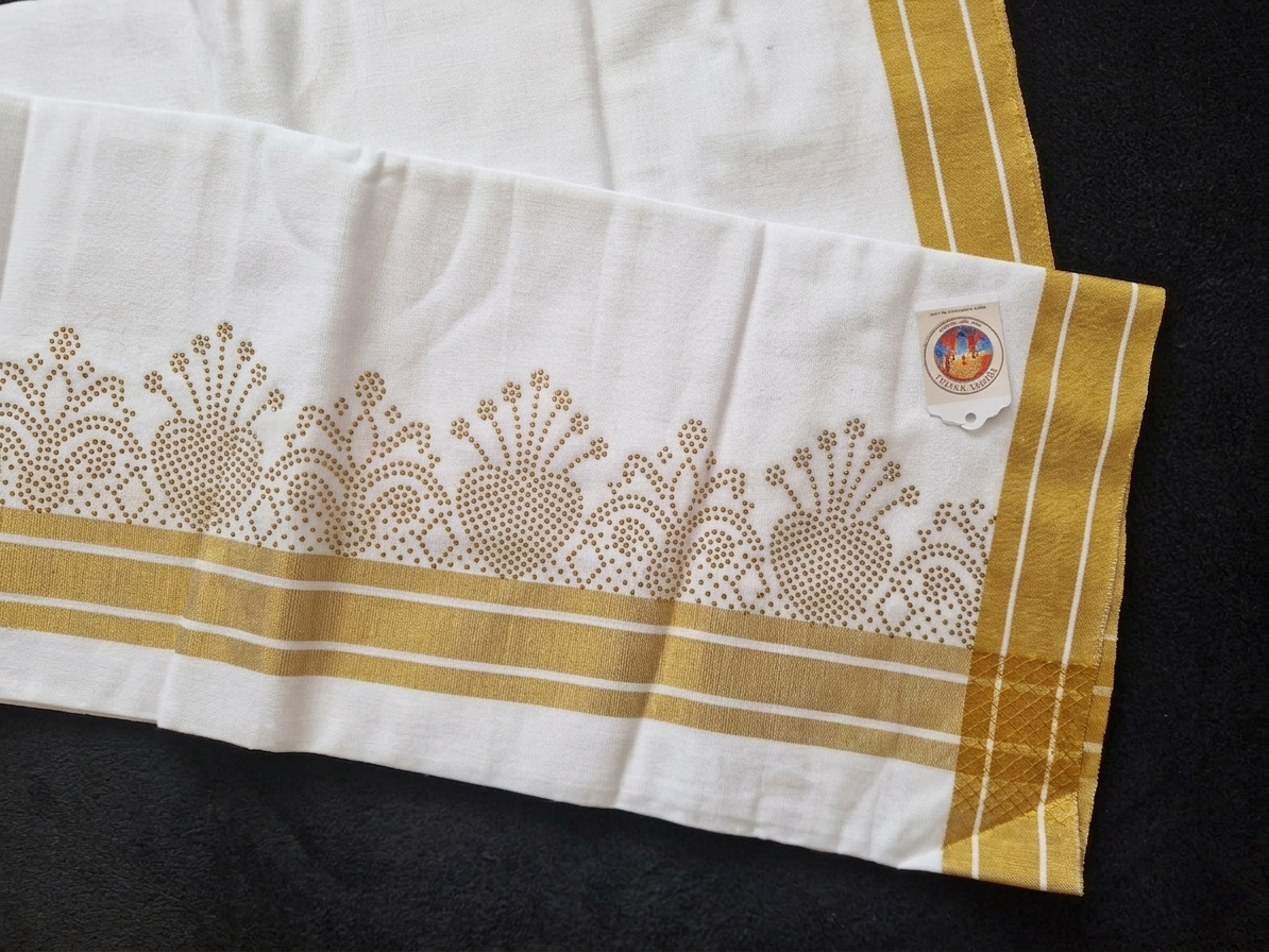 White cotton mundu (dhoti) with golden stones