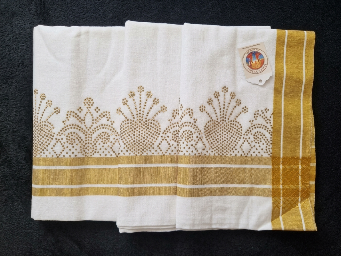 White cotton mundu (dhoti) with golden stones