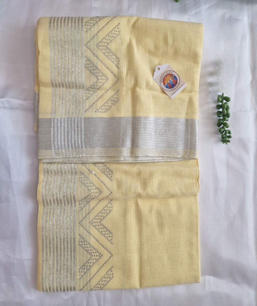 Silver cotton mundu (dhoti) with  Silver stones