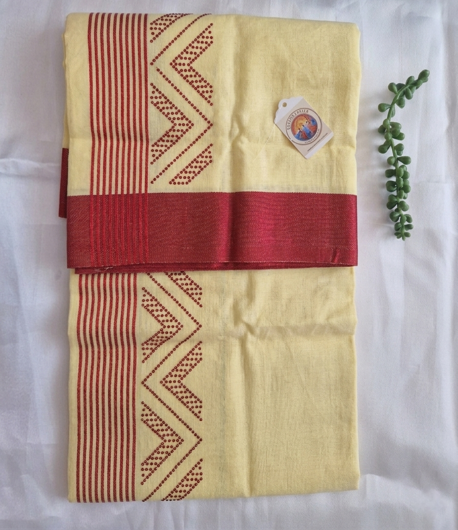 Yellow Cotton Mundu (dhoti) with Red stones