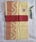 Yellow Cotton Mundu (dhoti) with Red stones