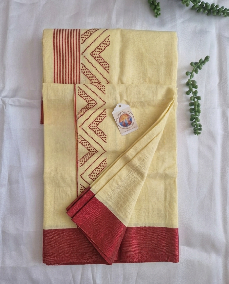 Yellow Cotton Mundu (dhoti) with Red stones