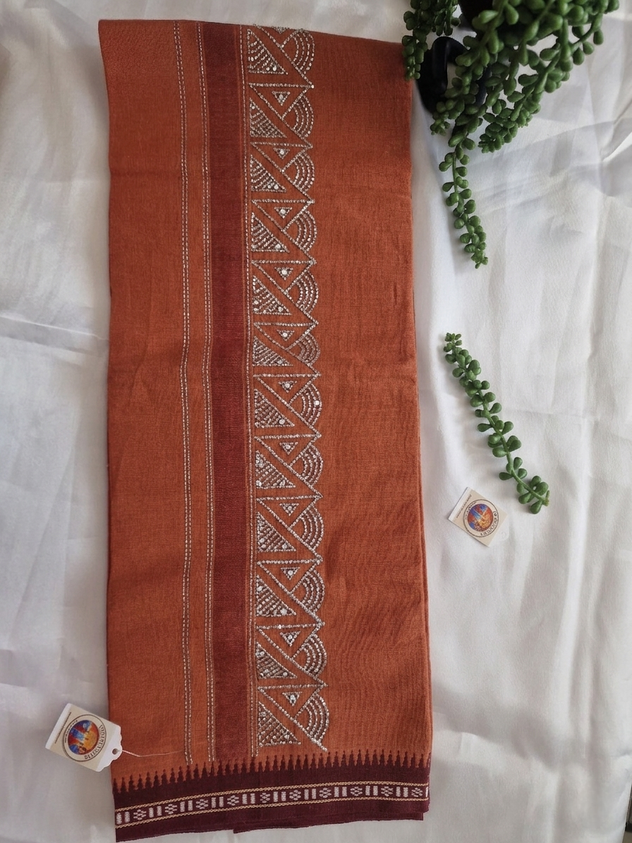 Kaavi cotton mundu (dhoti) with silver stones