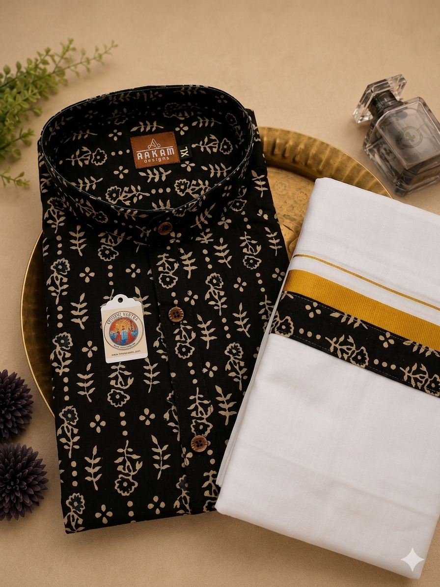 Black Kurtha with matching mundu ( dhoti)