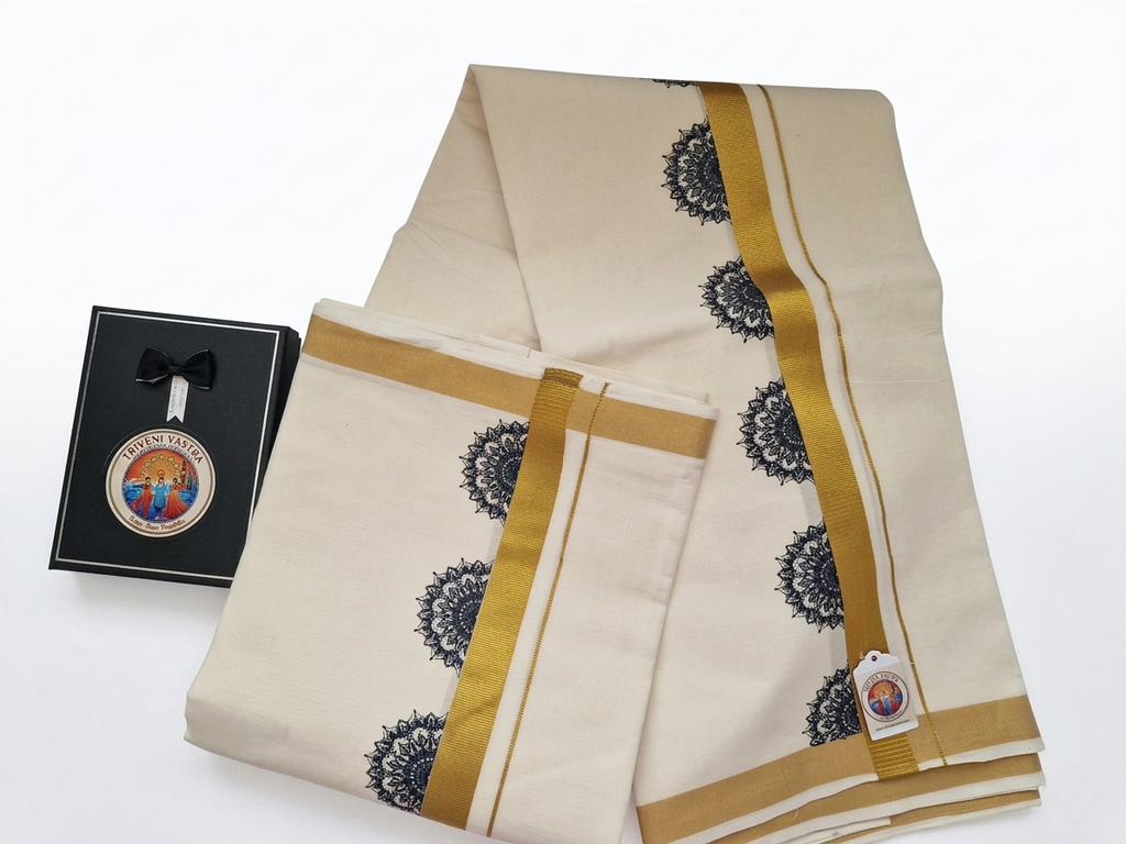 Kasavu mundu (dhoti) with black mandala pattern print