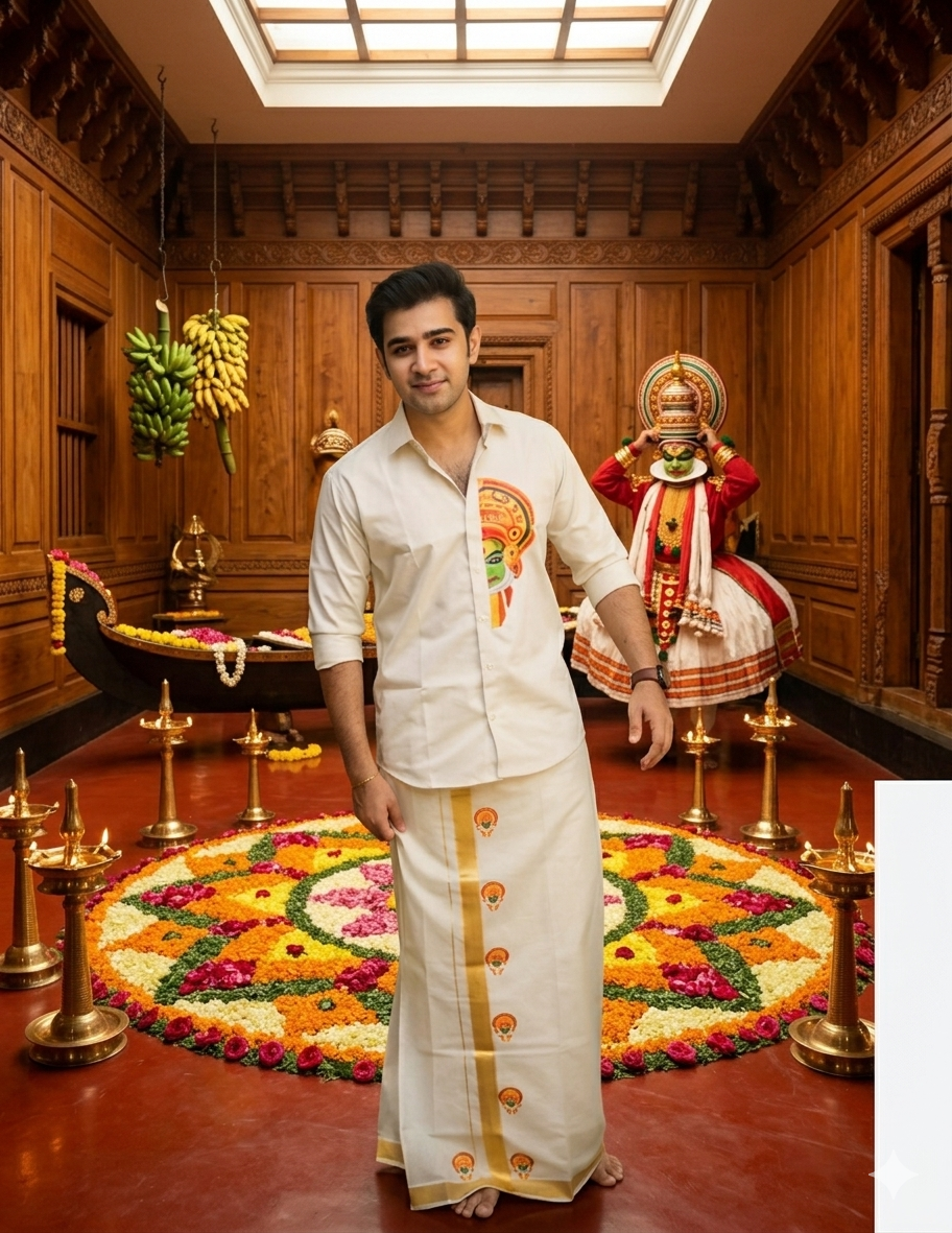 Kadhakali motif Shirt (XL) and Mundu (dhoti)