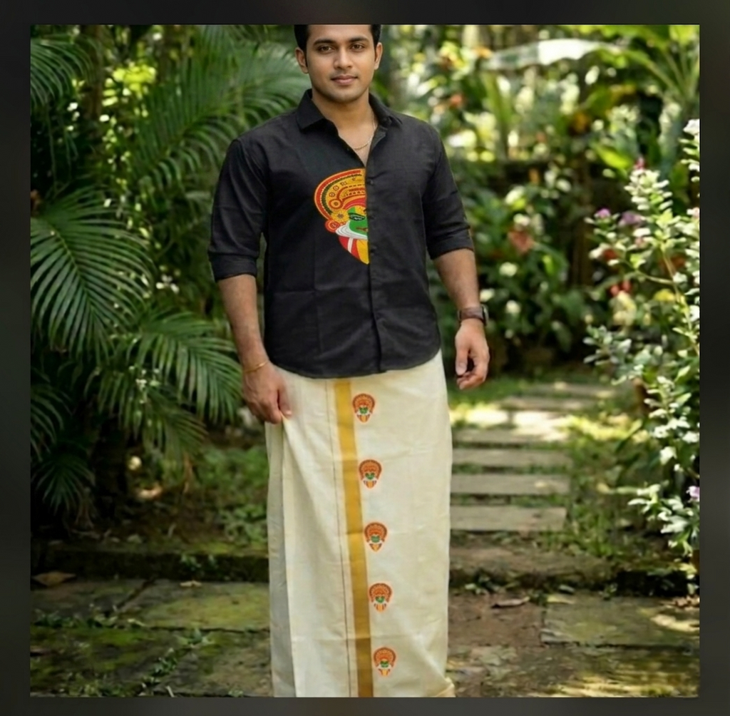 Kadhakali motif Black shirt (XXL) and off white Mundu ( dhoti)
