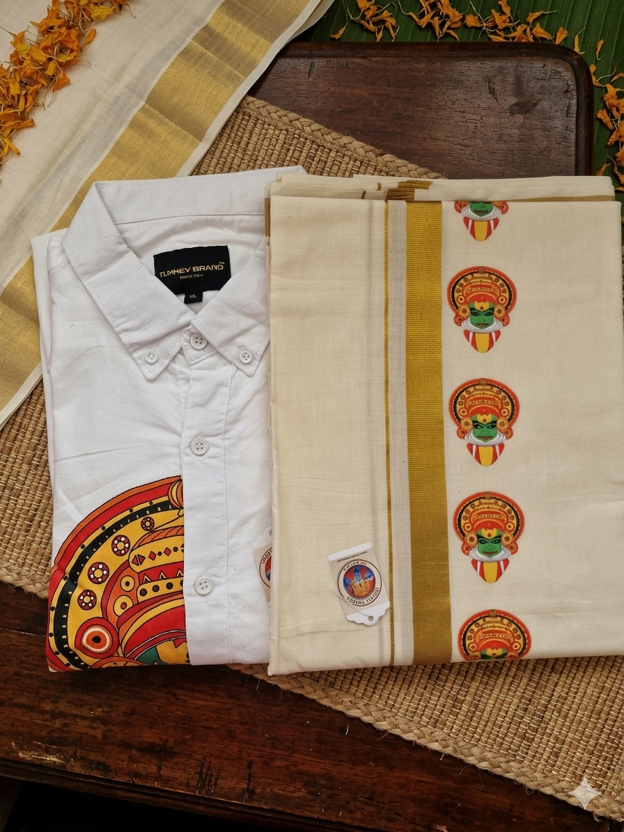 Kadhakali motif Shirt (XL) and Mundu (dhoti)
