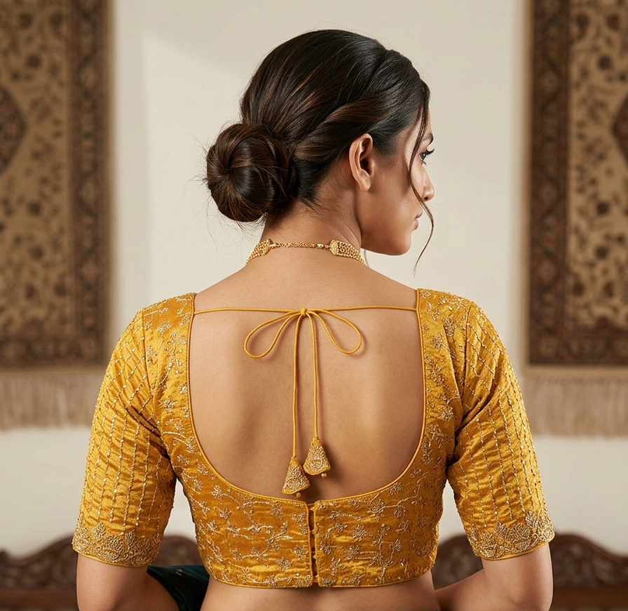 Designer saree blouse, yellow/ orange