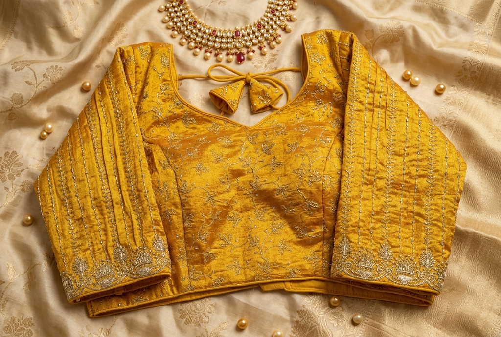 Designer saree blouse, yellow/ orange