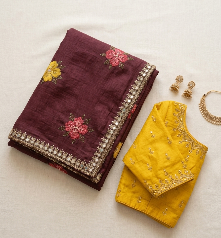 Saree with running blouse Maroon