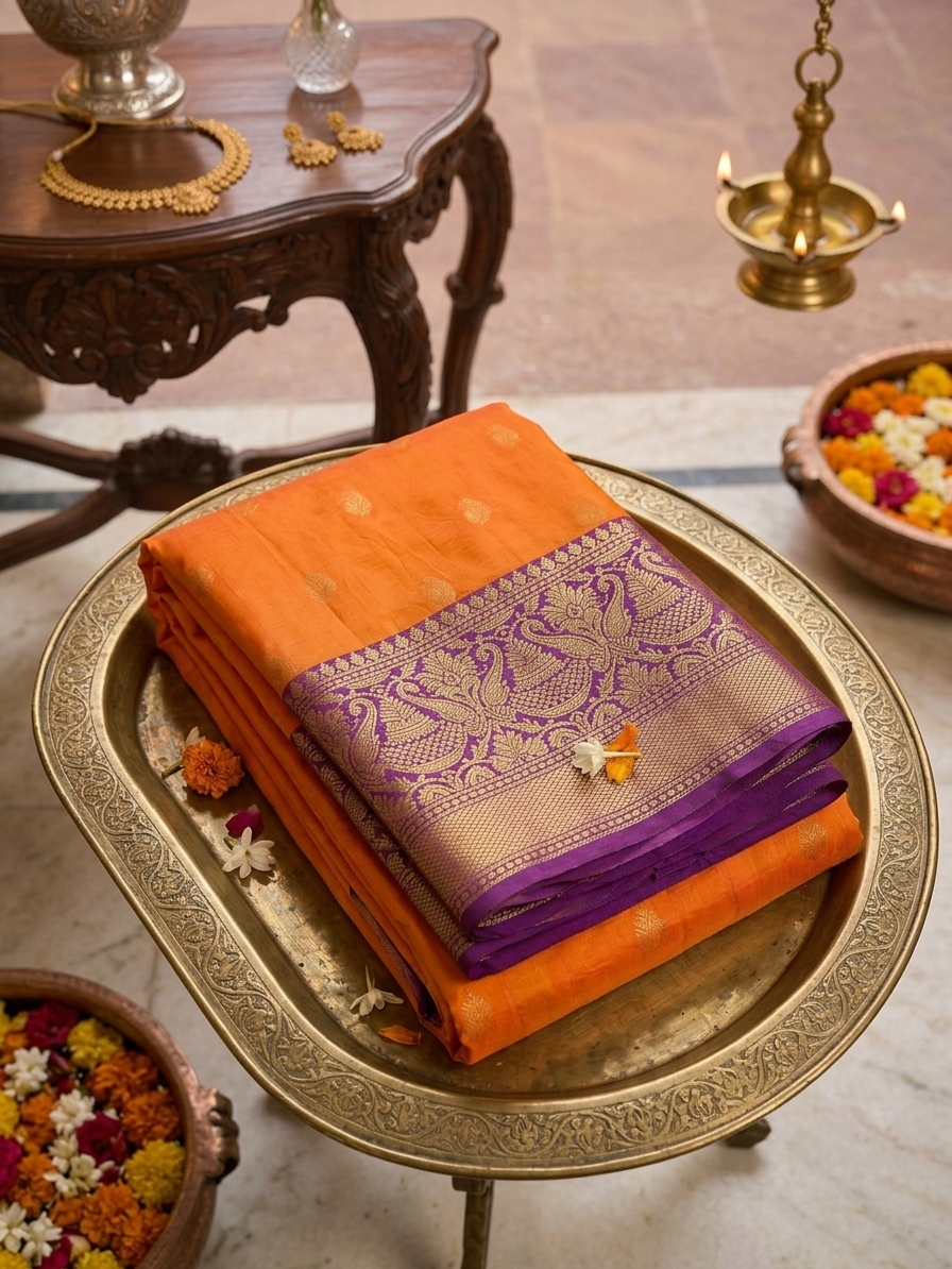 Bright Orange Kanchipuram saree