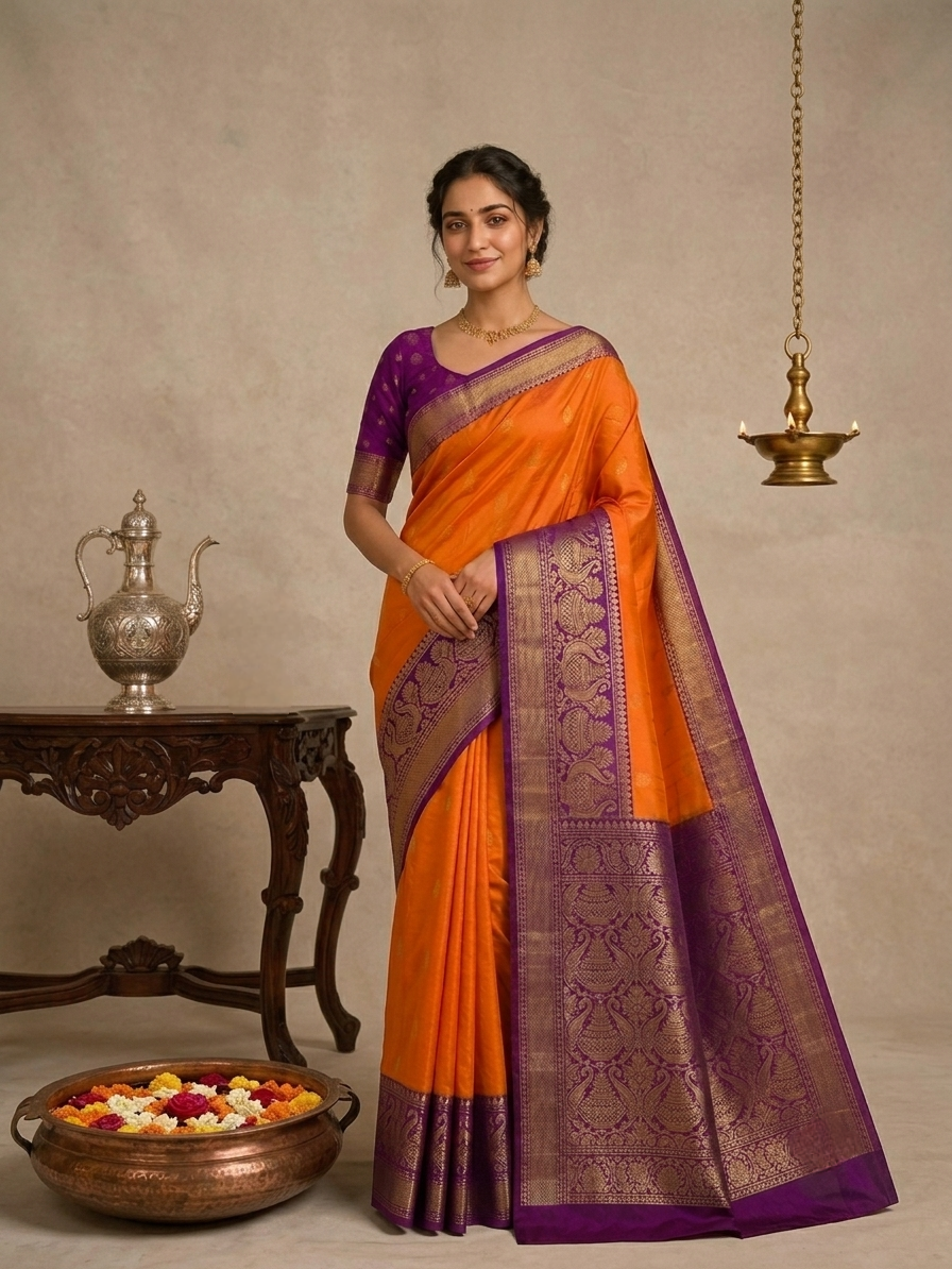 Bright Orange Kanchipuram saree