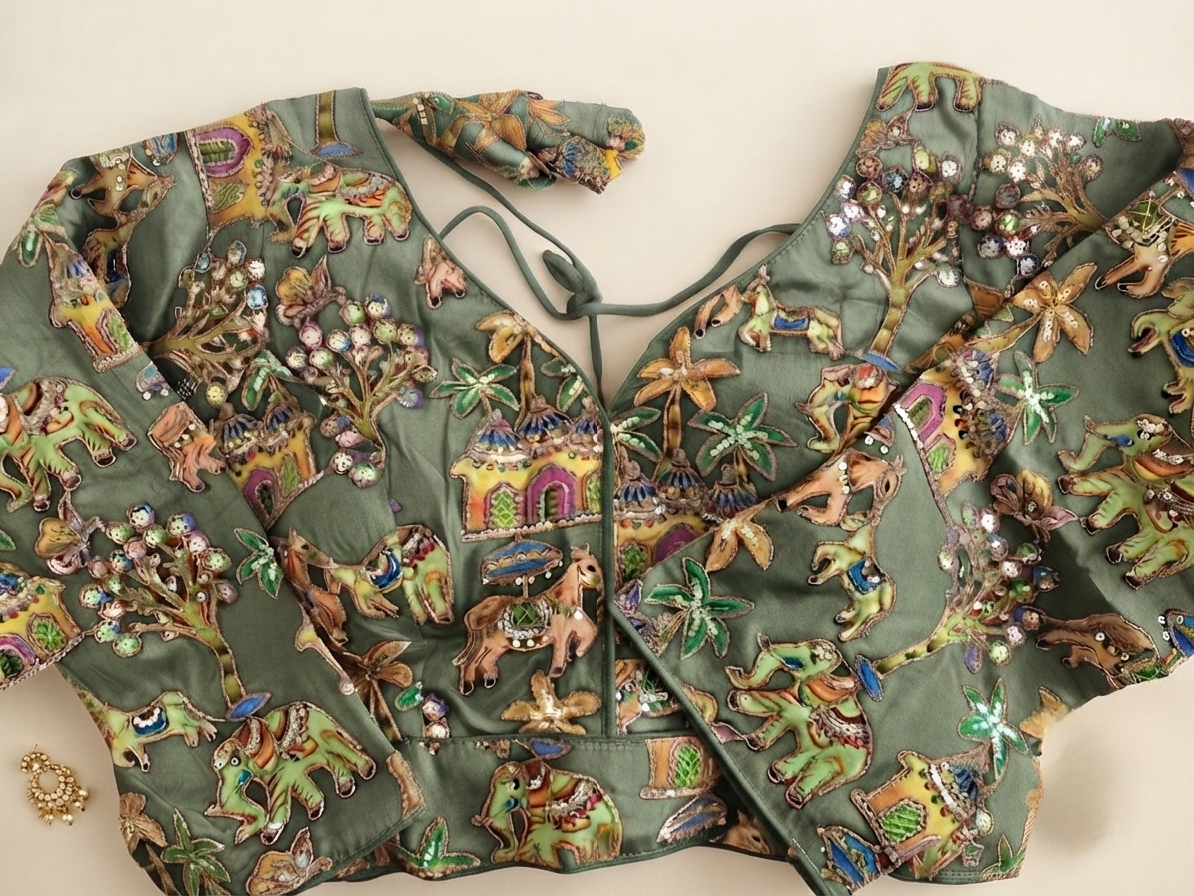 Designer saree blouse- Olive green