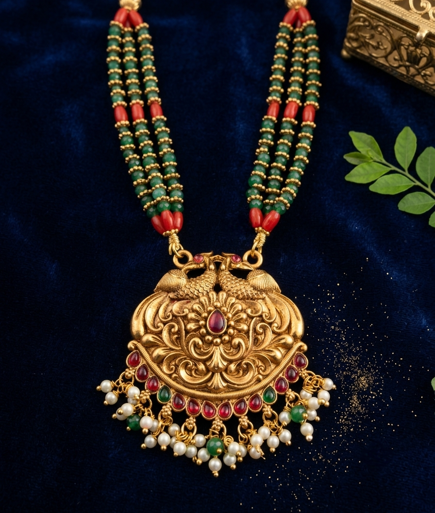 Green long necklace with earrings