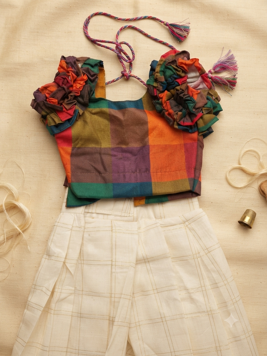 Madras check Kerala traditional skirt and top.(0-1 years) .
