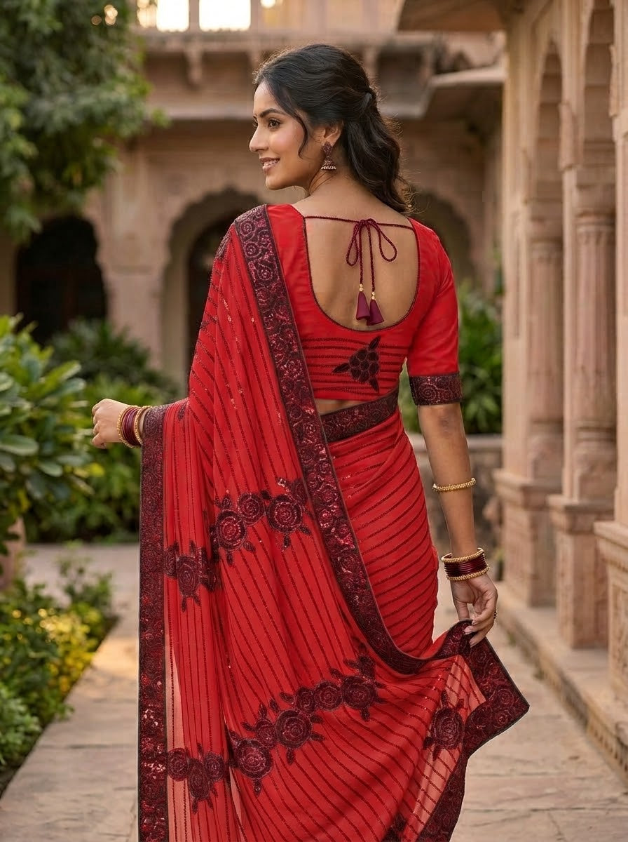 Redish brown  Sequin-Embellished Georgette Saree