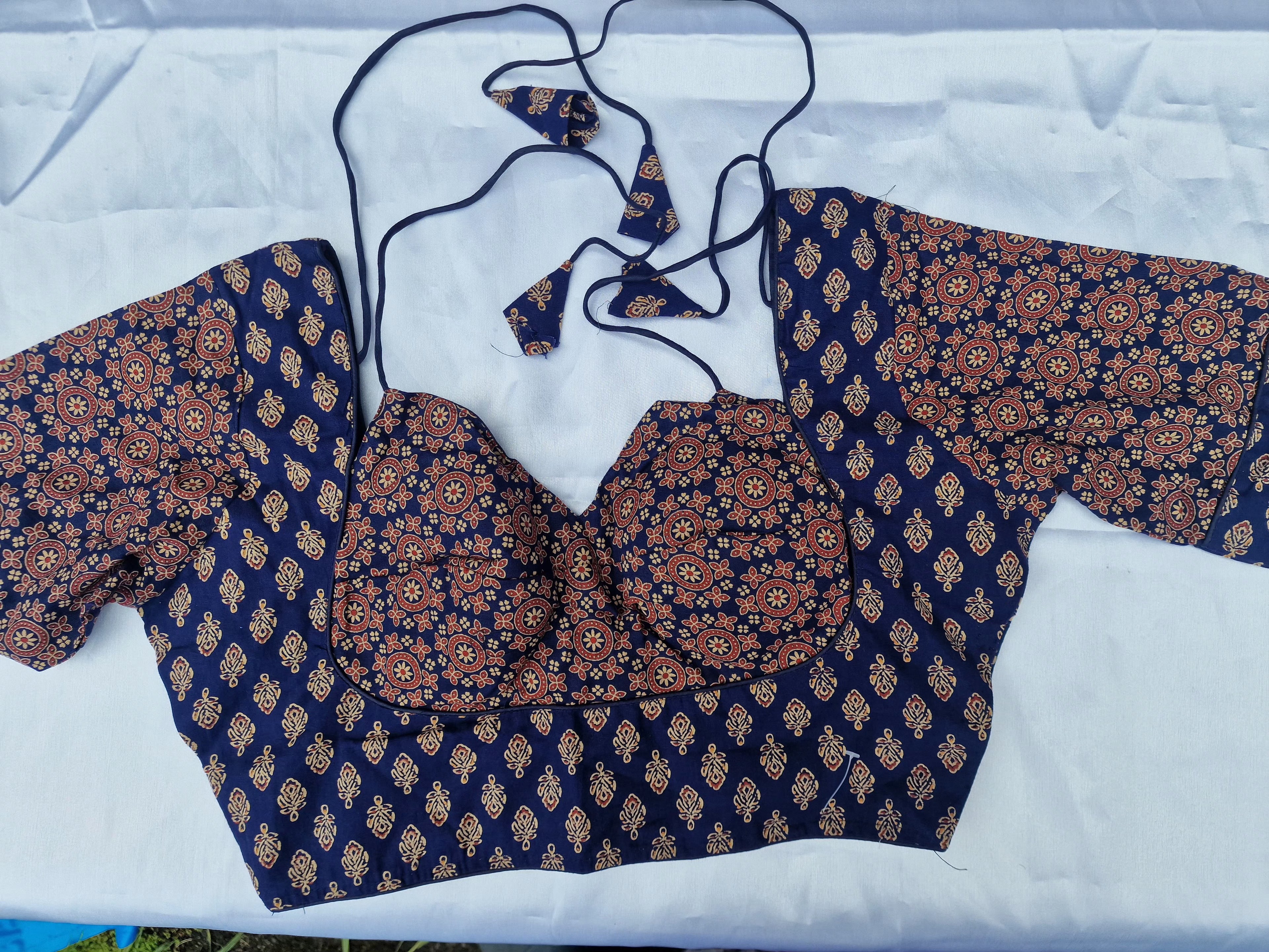Ajrakh print party saree blouse