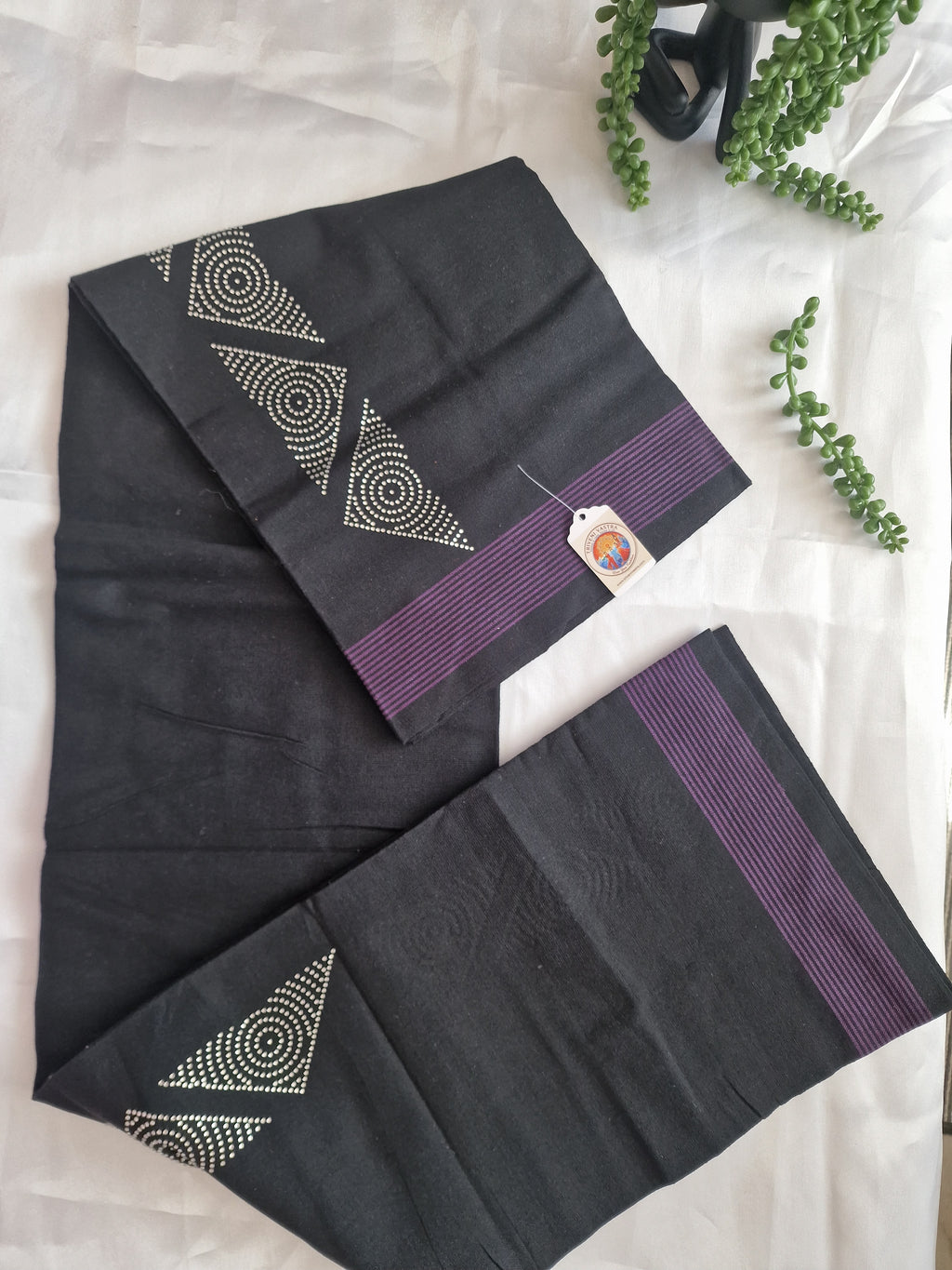 Black cotton mundu (dhoti) with siver stones