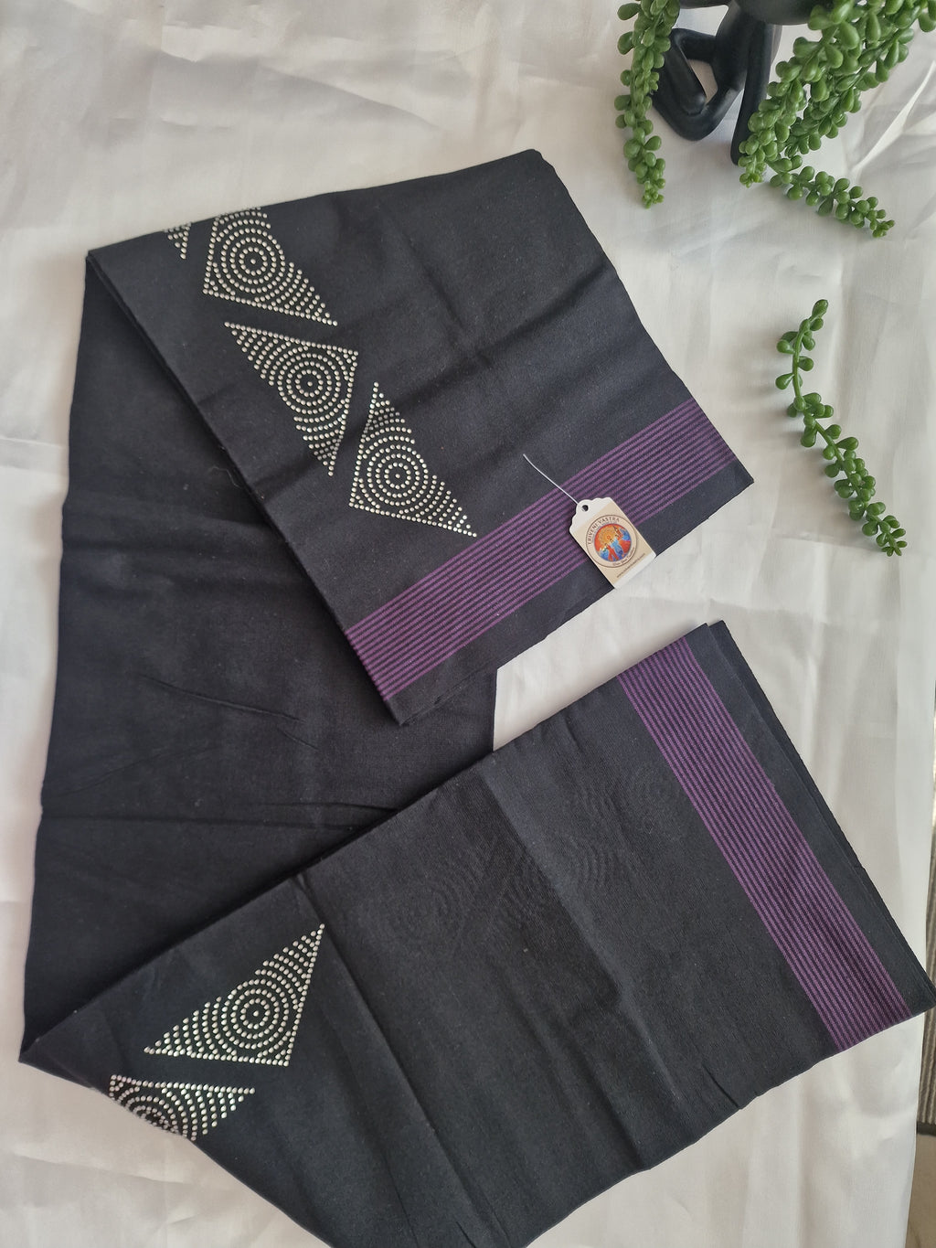 Black cotton mundu (dhoti) with siver stones