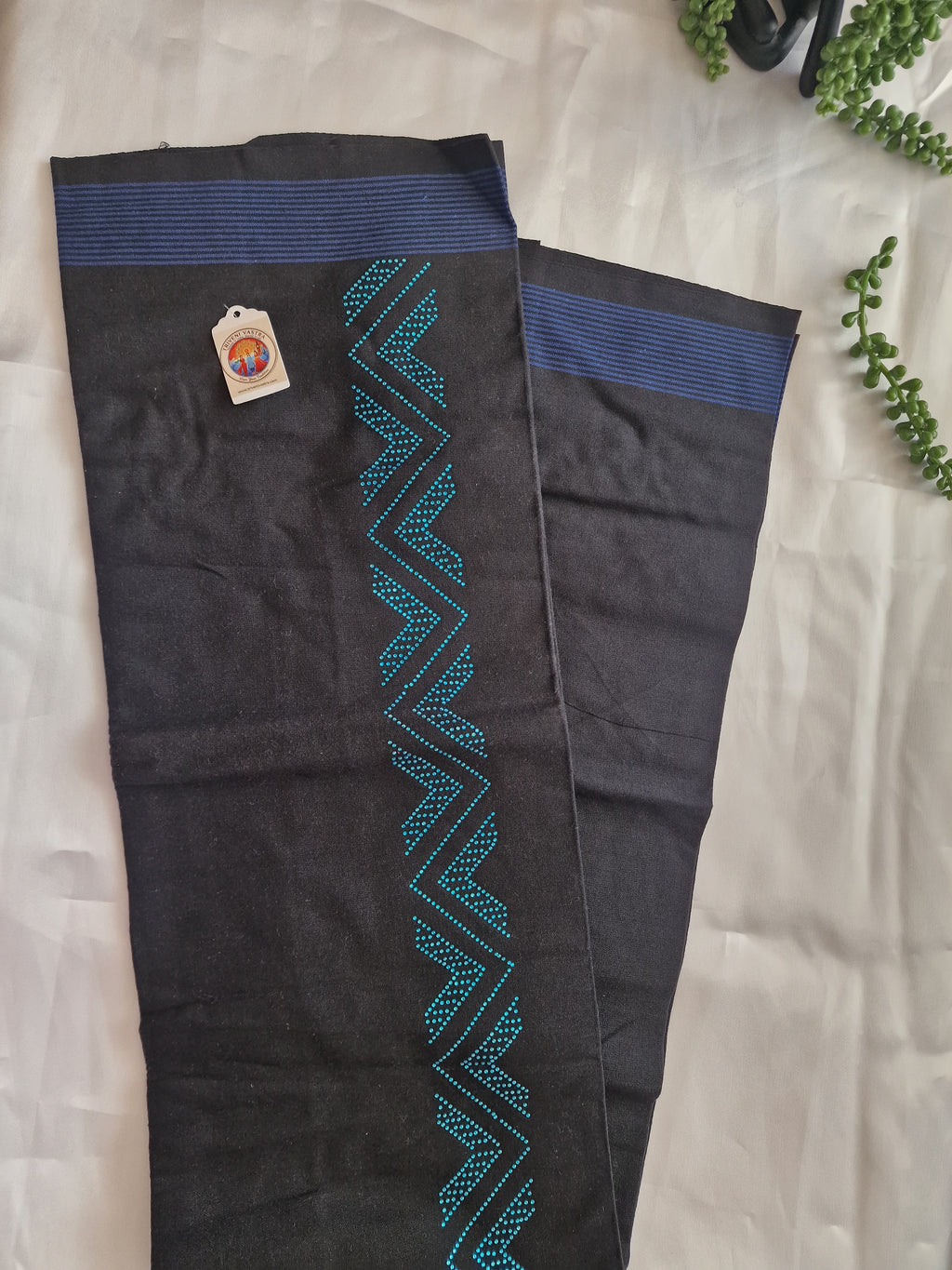 Black cotton mundu (dhoti) with blue stones