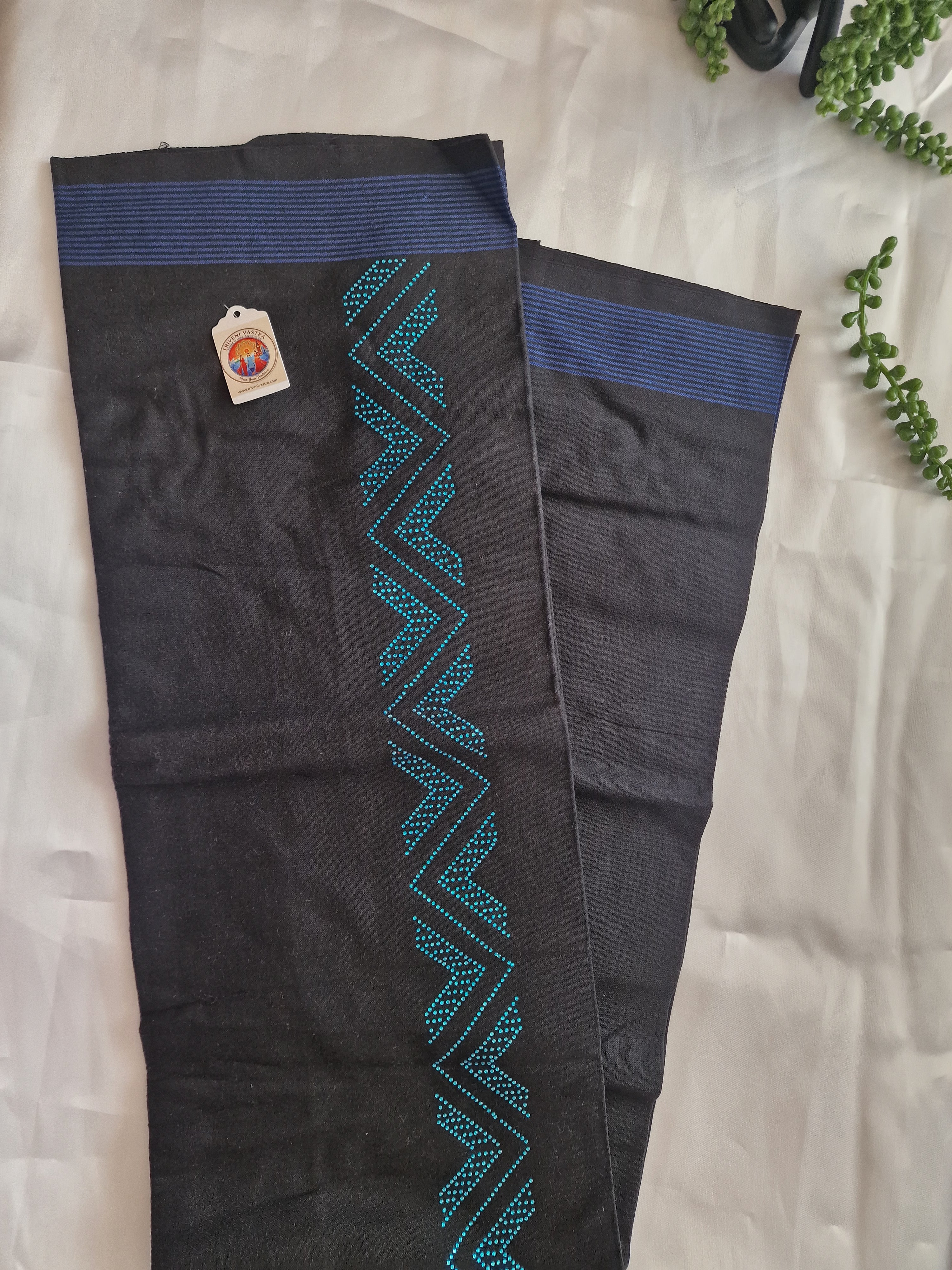 Black cotton mundu (dhoti) with blue stones