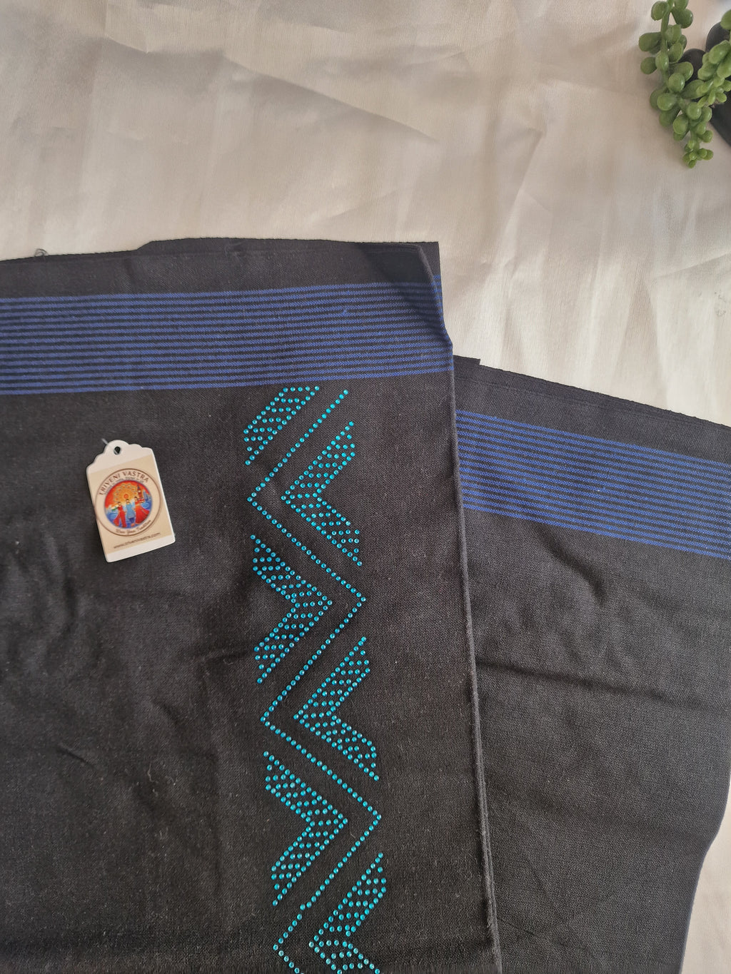 Black cotton mundu (dhoti) with blue stones