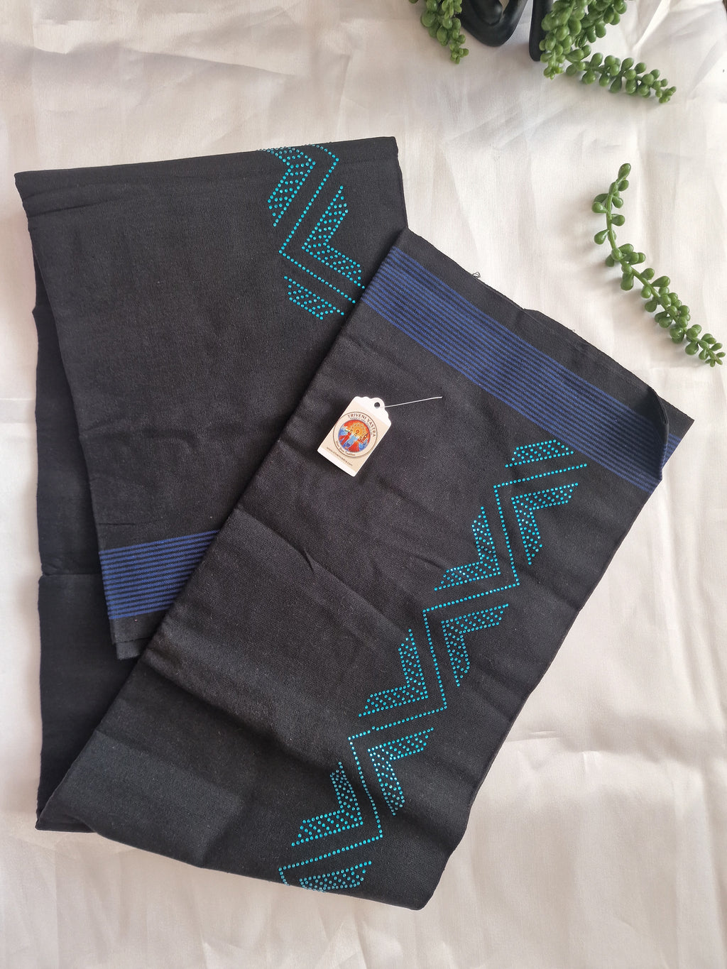 Black cotton mundu (dhoti) with blue stones