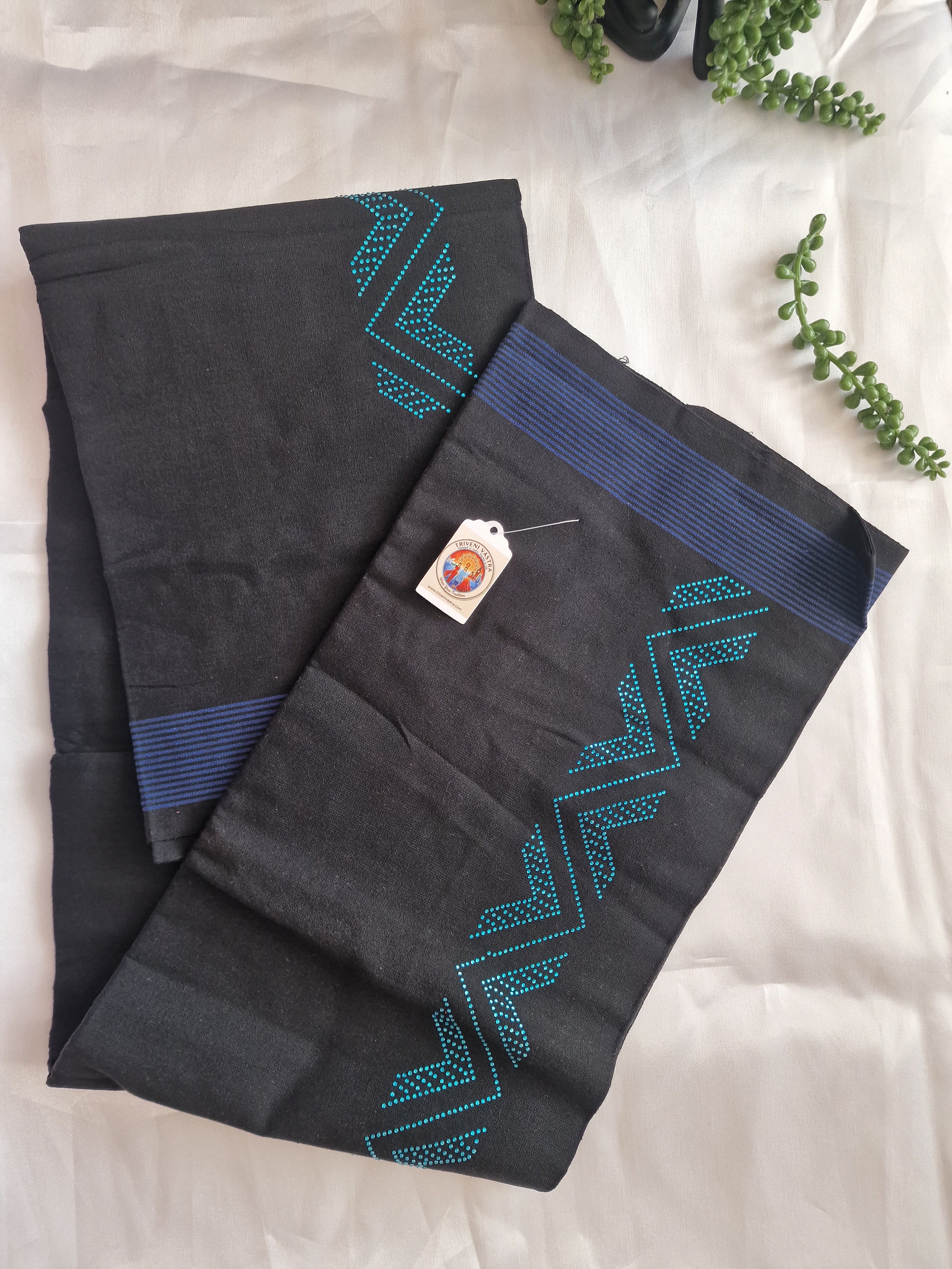 Black cotton mundu (dhoti) with blue stones