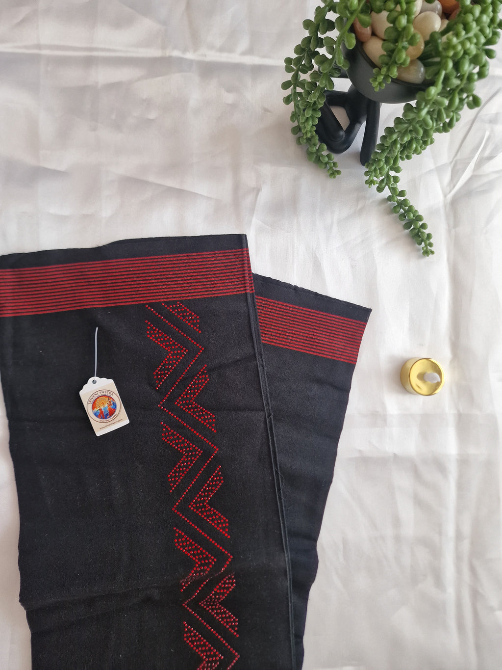 Black cotton mundu (dhoti) with Red stones