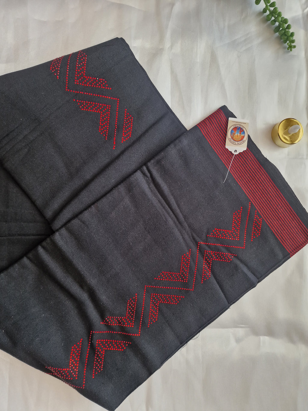 Black cotton mundu (dhoti) with Red stones