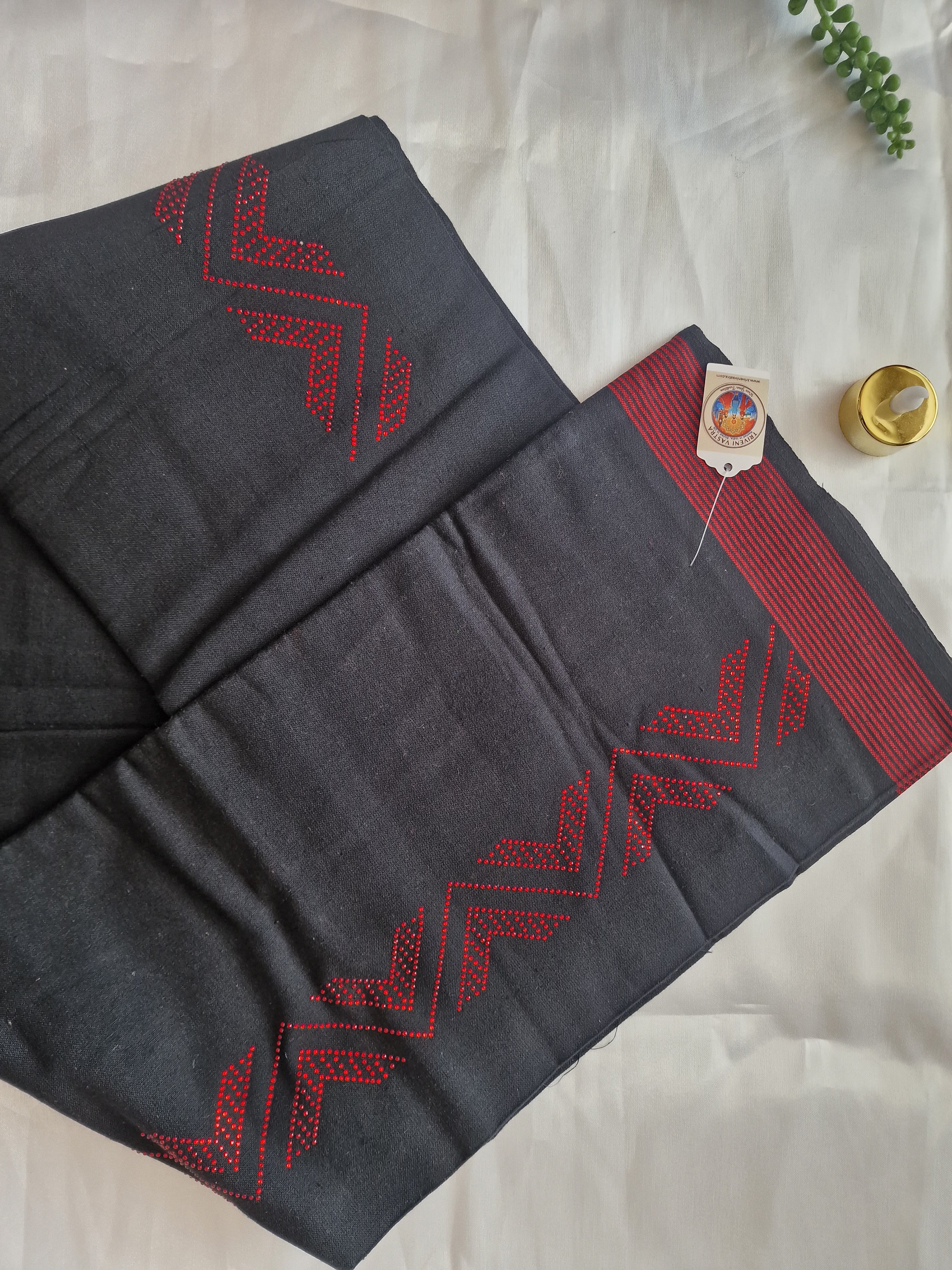 Black cotton mundu (dhoti) with Red stones