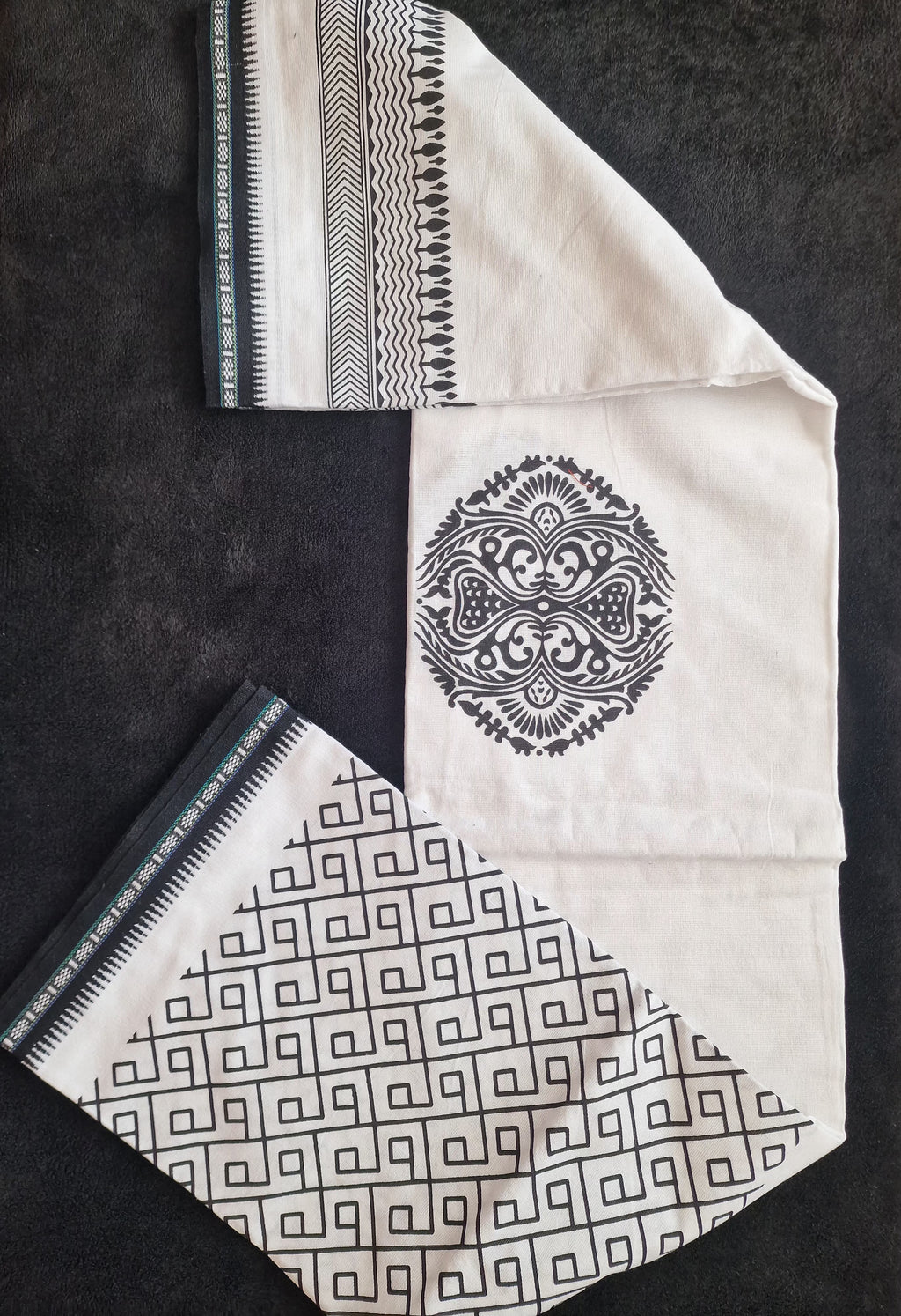 White cotton mundu ( Dhoti) with black embellishments